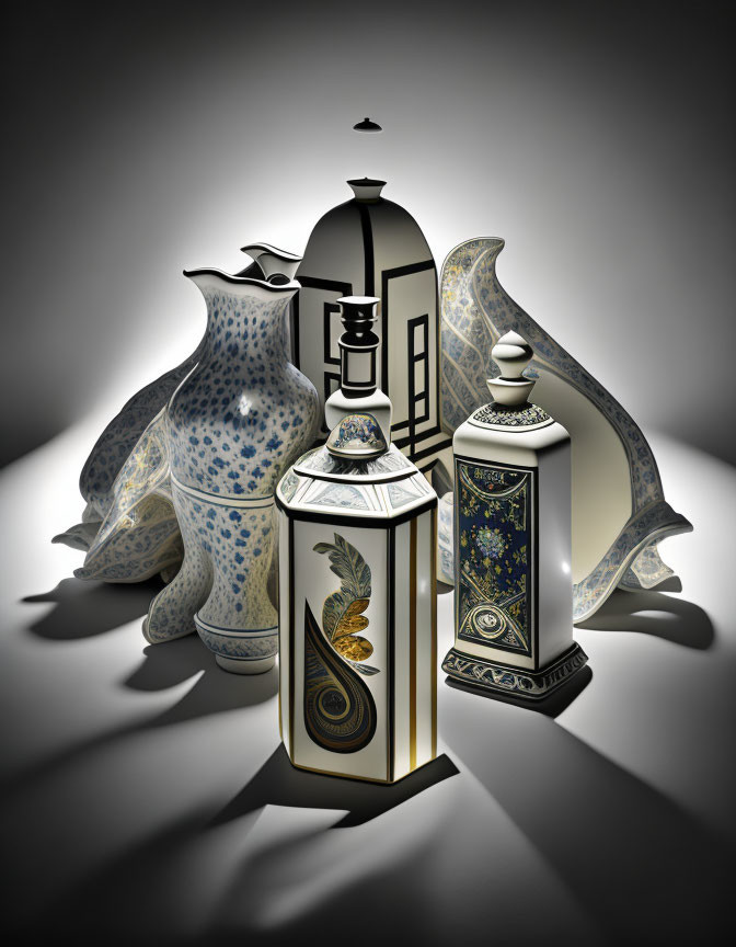 Five ornate ceramic vases with intricate patterns on shadowy background