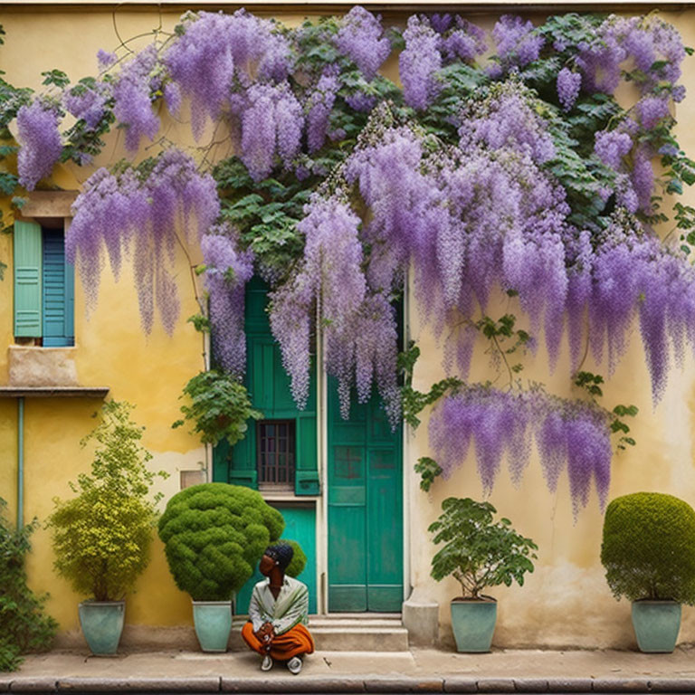 Person sitting by green door surrounded by potted trees and purple wisteria on yellow building with shutter