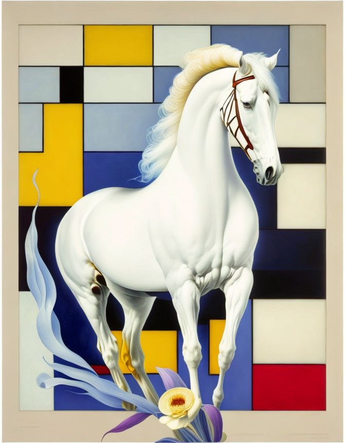 Stylized painting of majestic white horse with flowing mane against colorful geometric backdrop