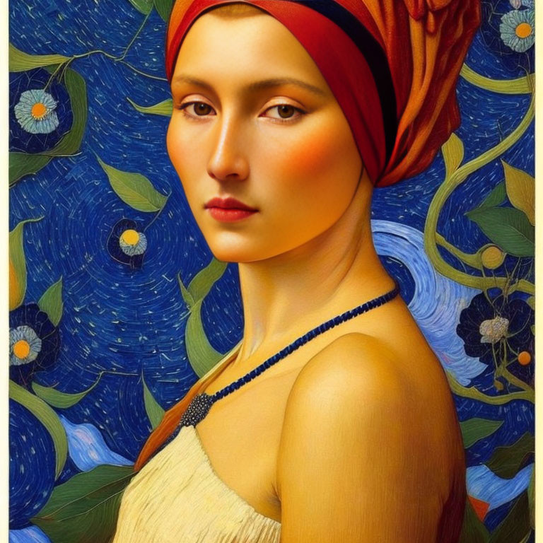 Portrait of woman with red headscarf against starry night background