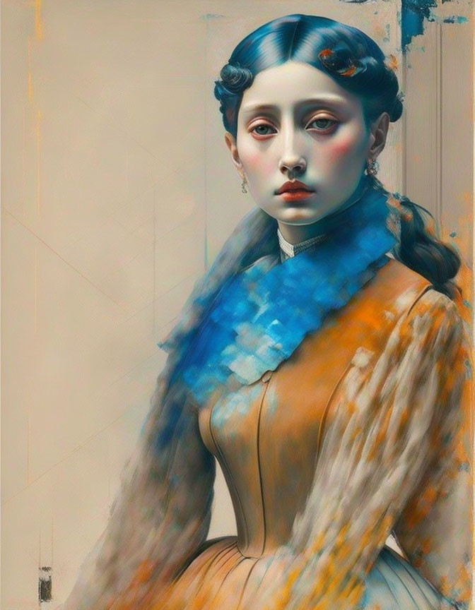 Digital artwork: Young woman in classical attire with braided hairstyle and blue fur stole