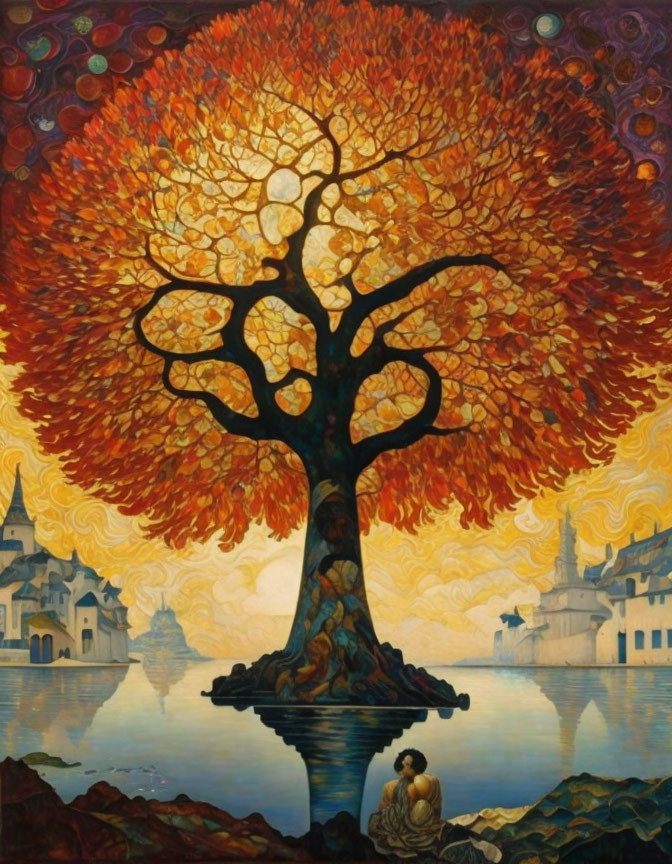 Person sitting under large fiery orange tree by calm water and town at twilight