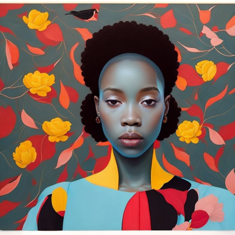 Serene woman portrait with blue lips, floral background, and black afro