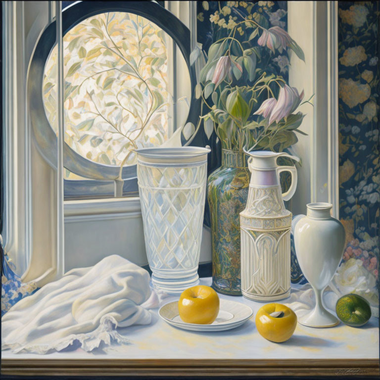 Window and Curtain Still Life with Vases, Lemons, and Draped Fabric