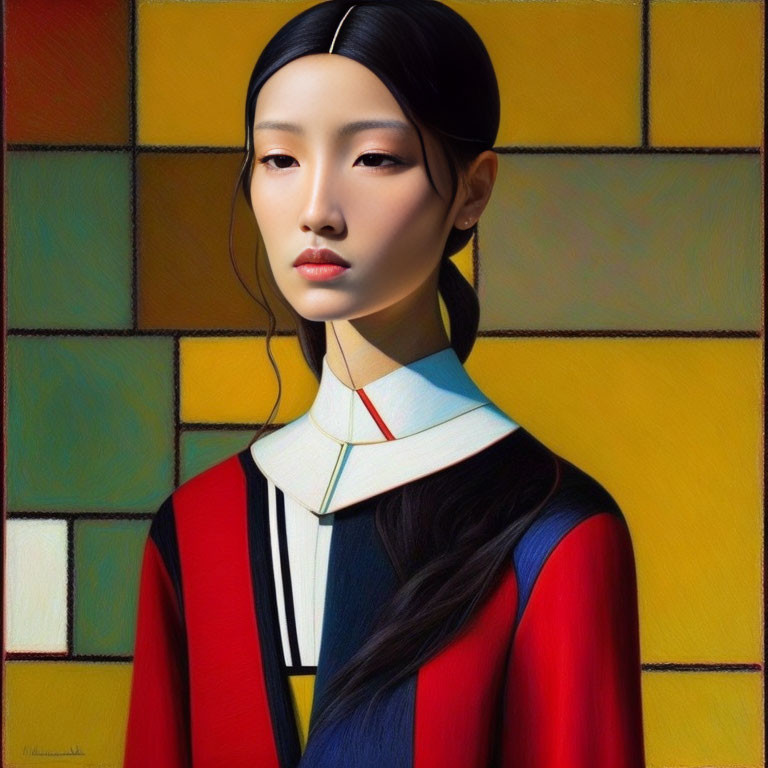 Stylized portrait of woman in multicolored geometric top