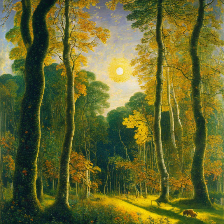 Autumn forest scene with golden sunlight and clear path