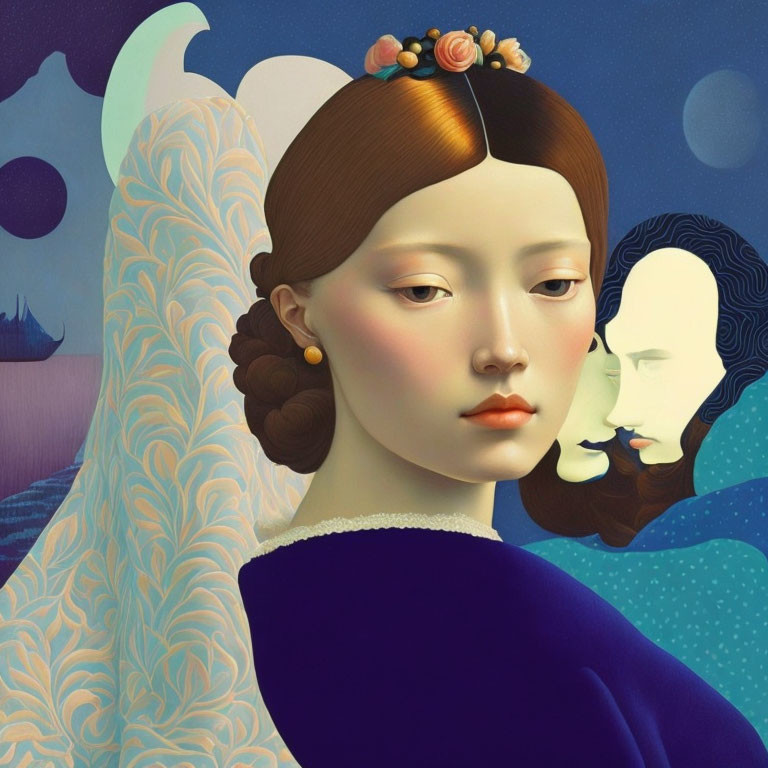 Illustrated portrait of woman with braid and flowers in surreal setting.