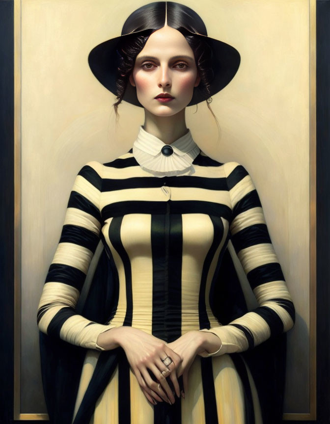 Portrait of woman with pale skin, dark hair, striped dress, and wide-brimmed hat.