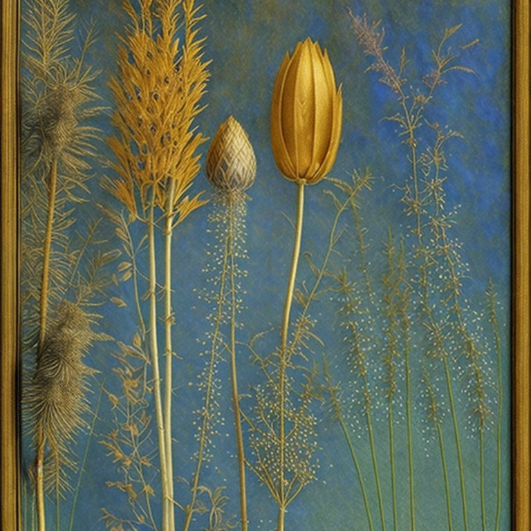 Assorted plants painting with central golden tulip on textured blue background