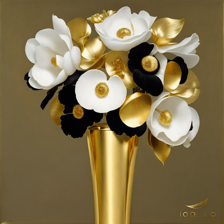 Stylized white and black floral bouquet with gold accents in golden vase on beige background