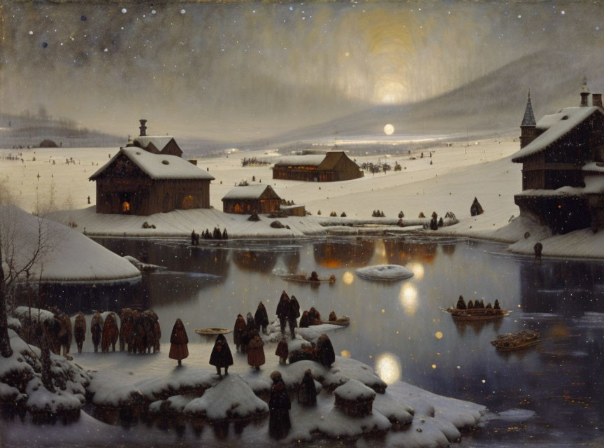 Snow-covered buildings, boats, and people by a river at dusk