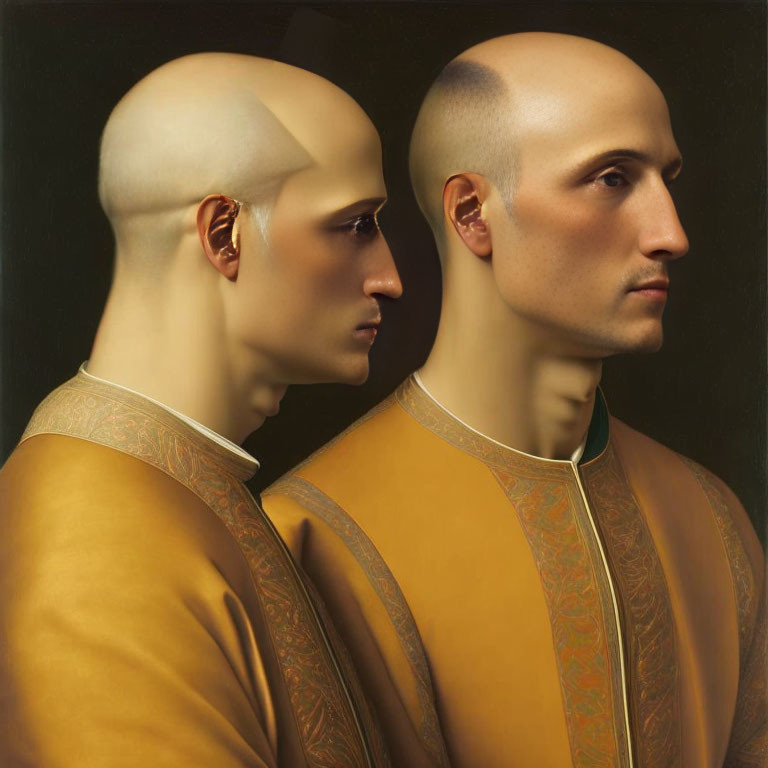 Identical men in yellow-gold clothing merged on dark background