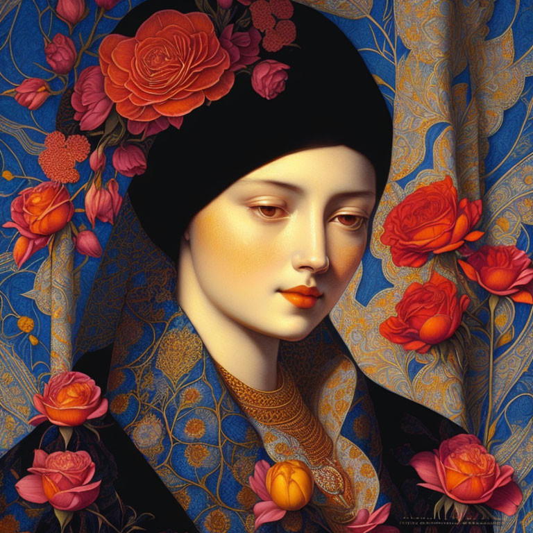 Detailed digital artwork of woman in black headscarf & ornate robe, surrounded by vibrant orange roses