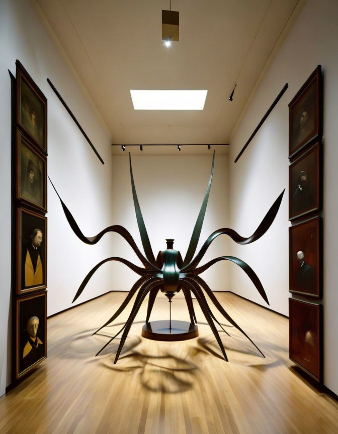 Surreal art installation: central vase, spider-like legs, framed portraits