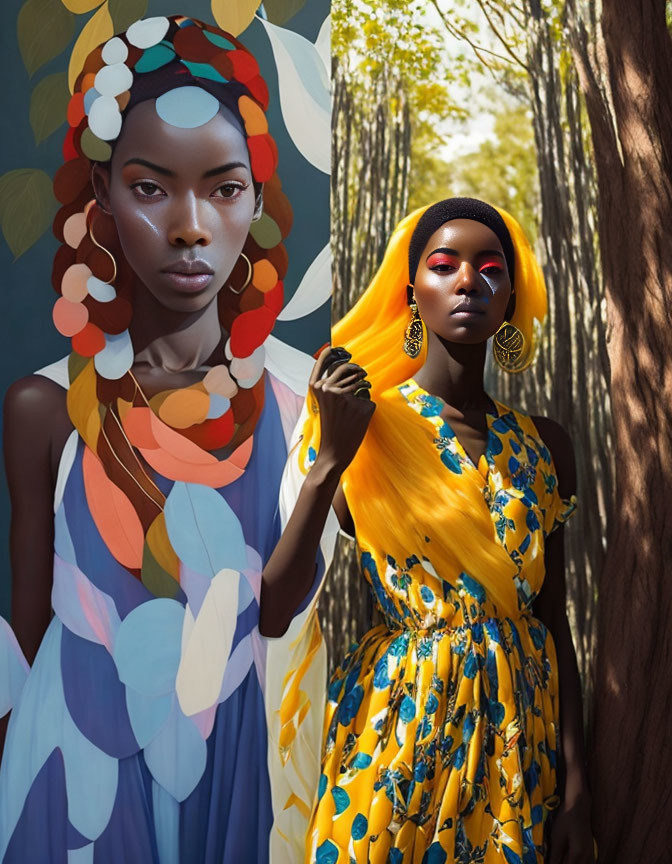 Stylized portraits of a woman in colorful attire among trees