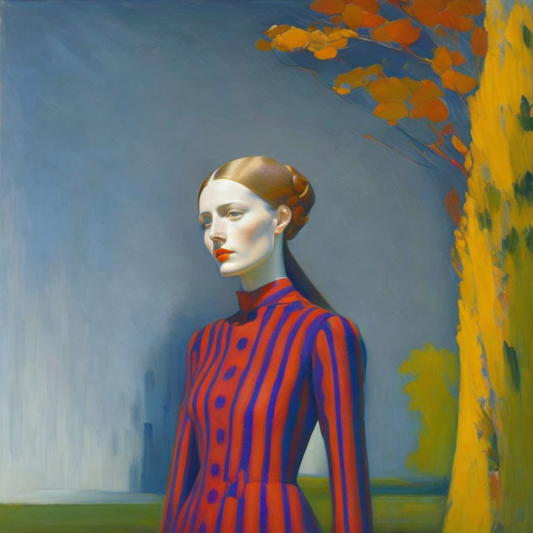 Woman in striped dress contemplates autumn landscape