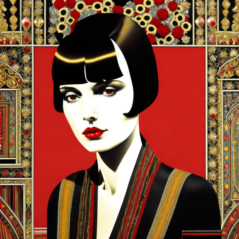 Stylized woman with bobbed hair and red lipstick against ornate golden-red pattern.