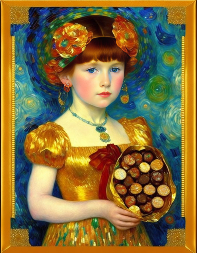 Young girl in gold dress with chocolates against Van Gogh-style background