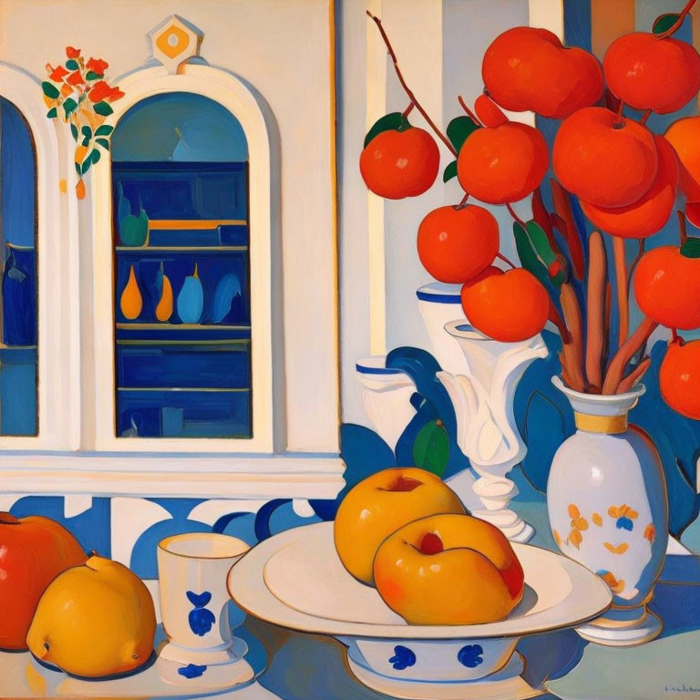 Colorful Still-Life Painting with Lemons, Pear, Oranges, Cup, and Blue Door View