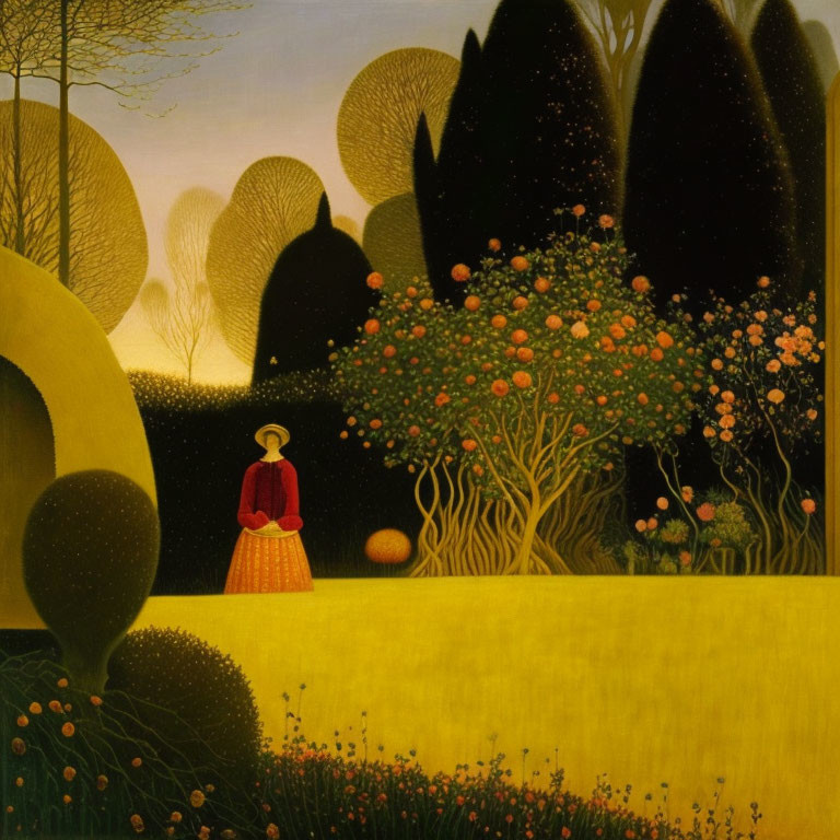 Person in red hat and yellow dress in golden landscape with round trees and orange fruit