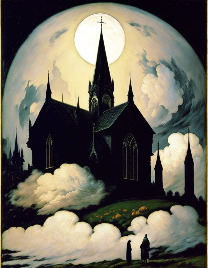 Gothic church under full moon with mystical ambiance