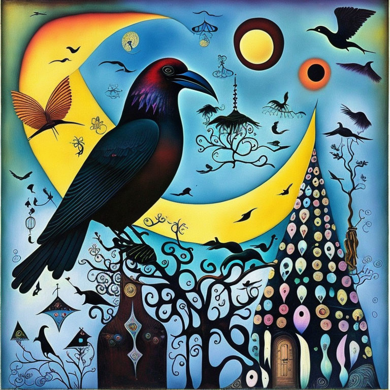 Surreal crow and celestial objects in vibrant artwork