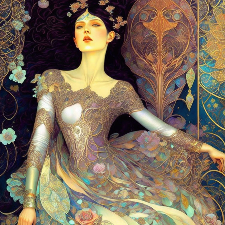 Illustrated woman in ornate Art Nouveau dress with floral backdrop