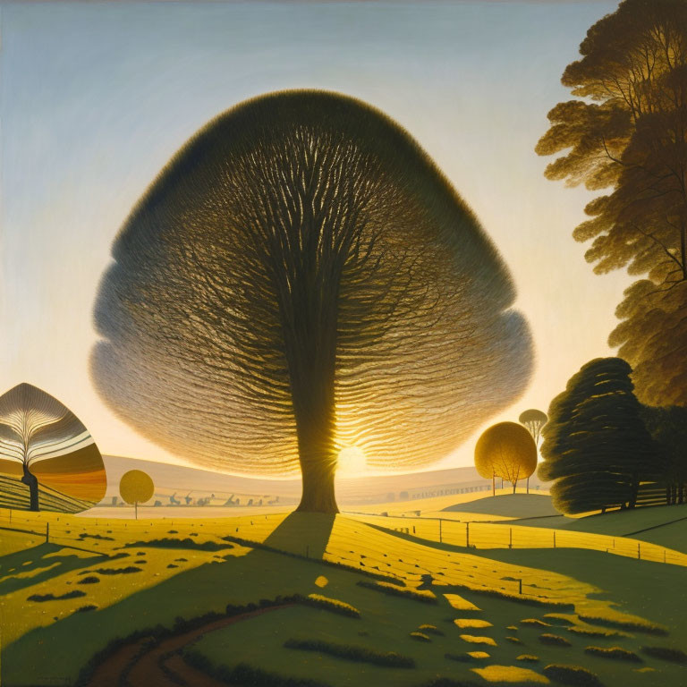 Surreal landscape with expansive mushroom-shaped tree canopy at sunrise