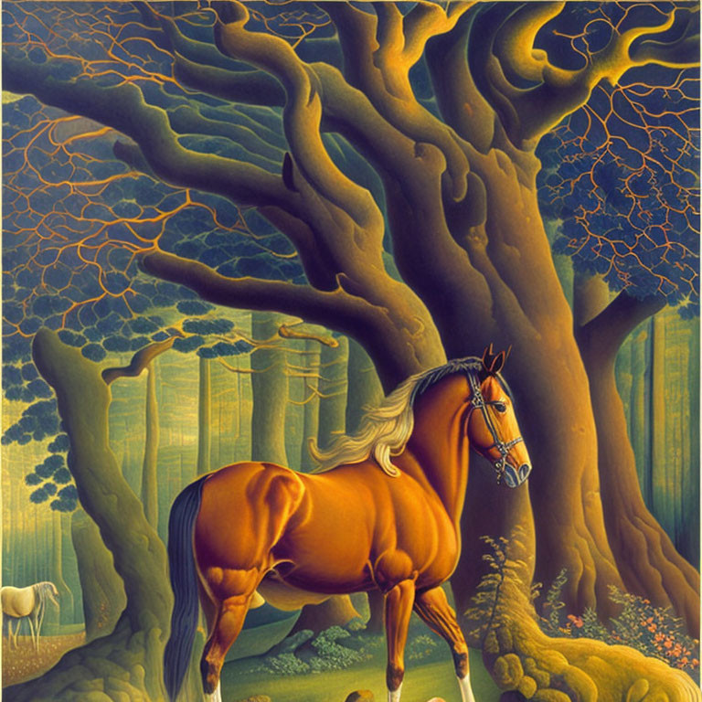 Chestnut horse painting under fantastical tree in lush forest