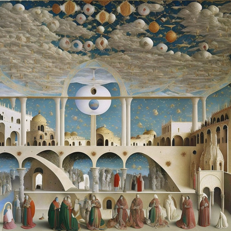 Surreal celestial painting with planets, stars, arches, and medieval figures