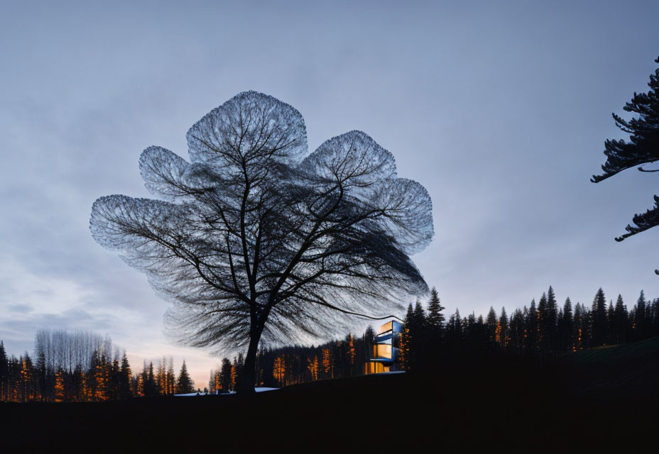 Silhouette of intricate tree branches against twilight sky with vein-like patterns, overlooking modern building in forest.