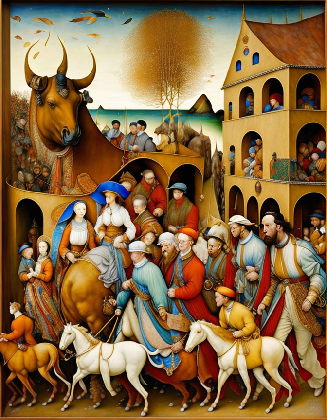 Biblical scene painting with diverse characters, animals, and buildings in layered composition