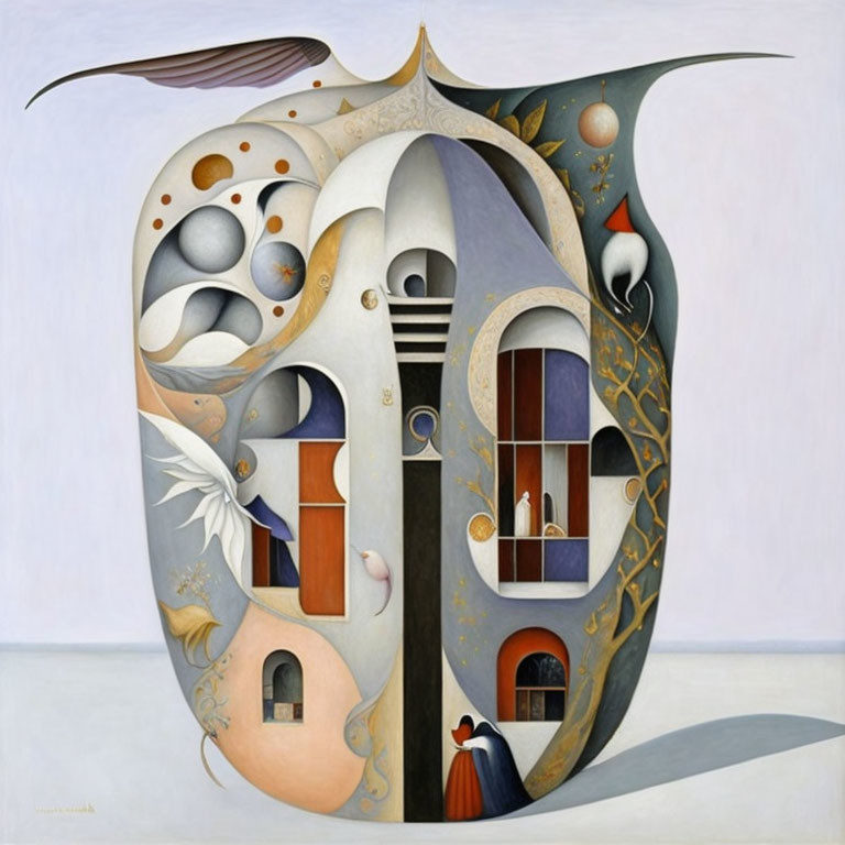 Surrealistic painting featuring biomorphic building, floating orbs, bird, lone figure in red cape