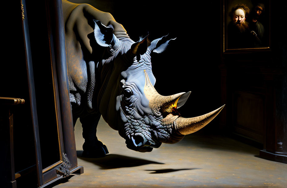 Rhinoceros Painting Stepping Out of Frame with Glowing Eye