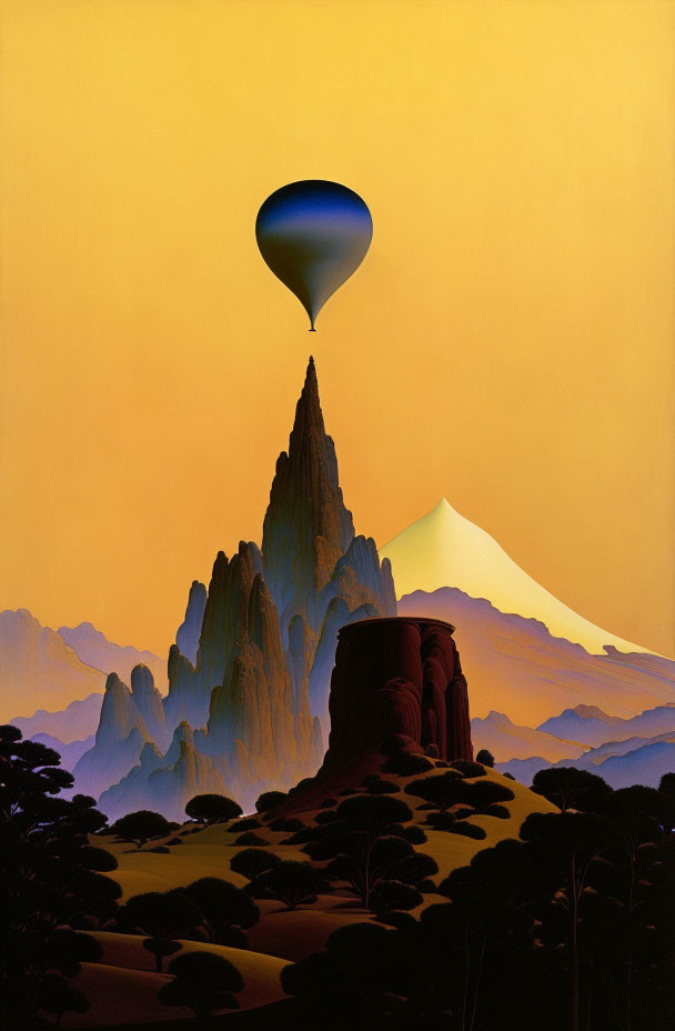 Surreal landscape with hot air balloon, rock formations, greenery, and mountain