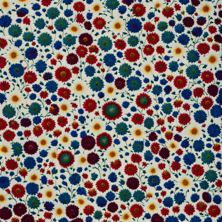 Vibrant floral pattern fabric with small red, blue, green, and yellow flowers on white