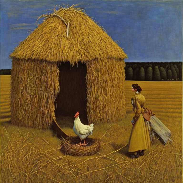 Woman in period attire near hay stack with rooster - Field backdrop