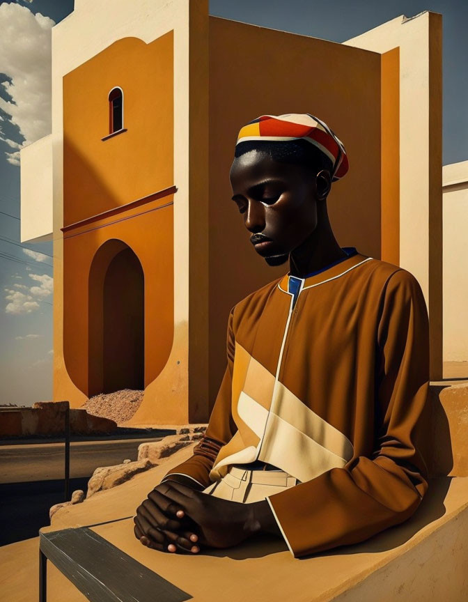 Dark-skinned person in stylish brown and white outfit against warm orange building and clear blue sky