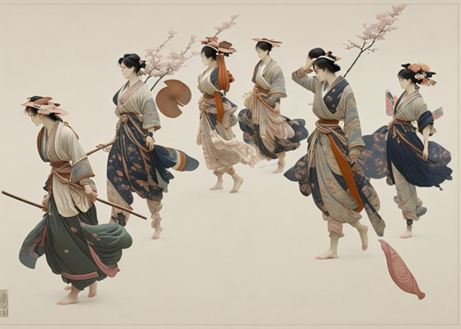 Seven Women in Traditional Japanese Attire Walking Gracefully with Umbrellas and Koto