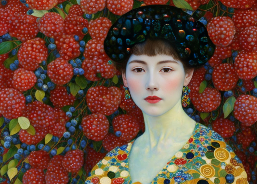 Woman in patterned outfit and hat with red berries backdrop and subtle makeup