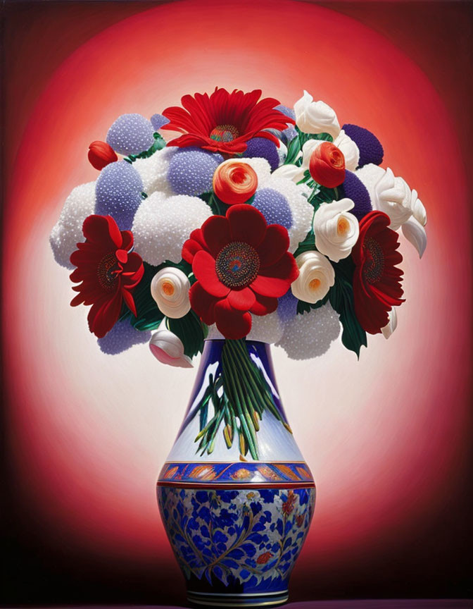 Colorful Flower Bouquet in Blue and White Vase on Red Background