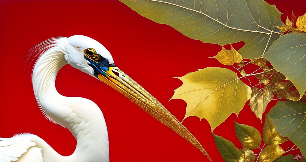 Colorful White Egret with Orange Beak and Blue Markings on Red Background