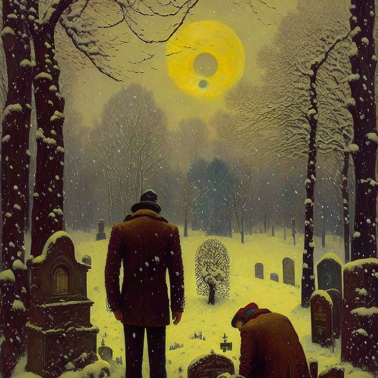 Snowy cemetery scene: Two figures under yellow moon in winter setting