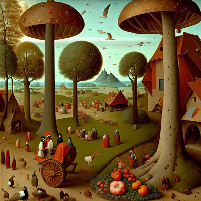 Colorful painting of giant mushroom trees, human gatherings, and animals in autumn scene