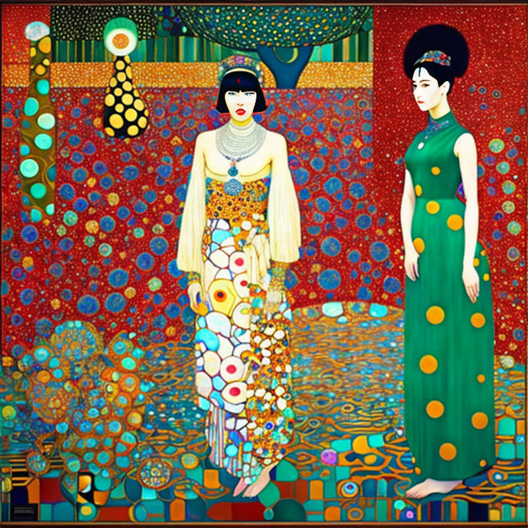 Stylized women in colorful dresses against vibrant mosaic background