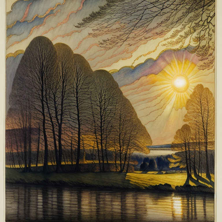 Sunset drawing with radiant light over river and silhouetted trees