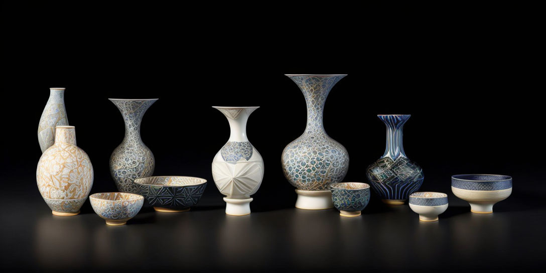 Assorted porcelain vases and bowls on black background