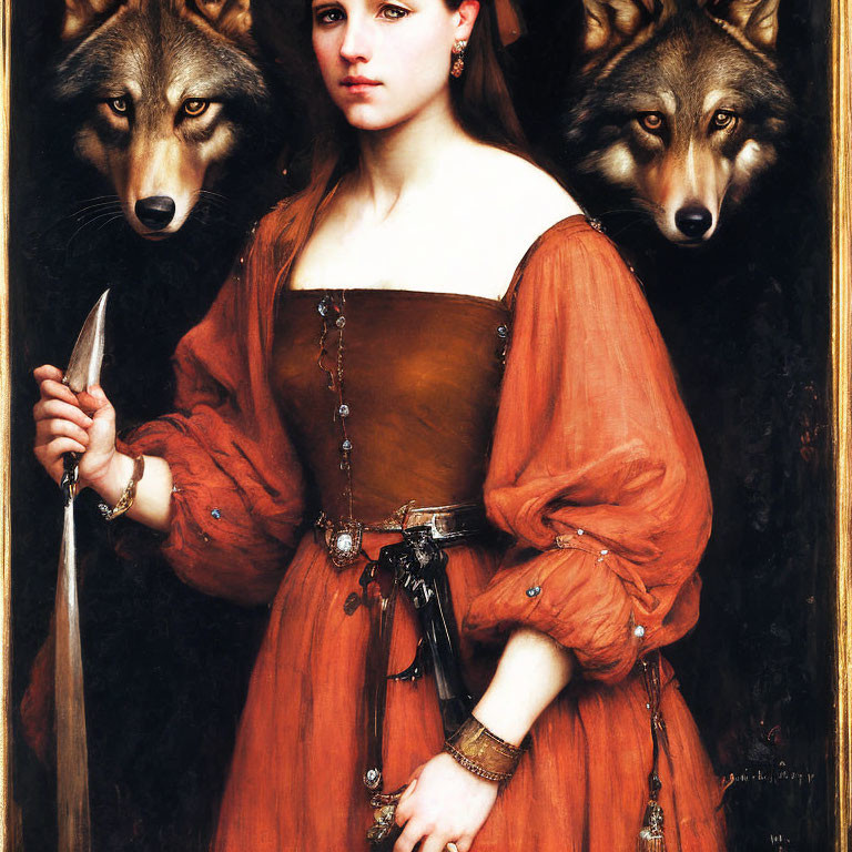 Medieval woman with dagger, wolves in dark classical painting