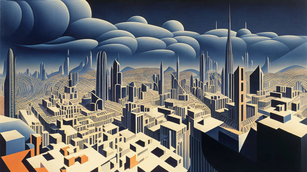 Surreal cityscape painting with repetitive patterns and futuristic skyscrapers