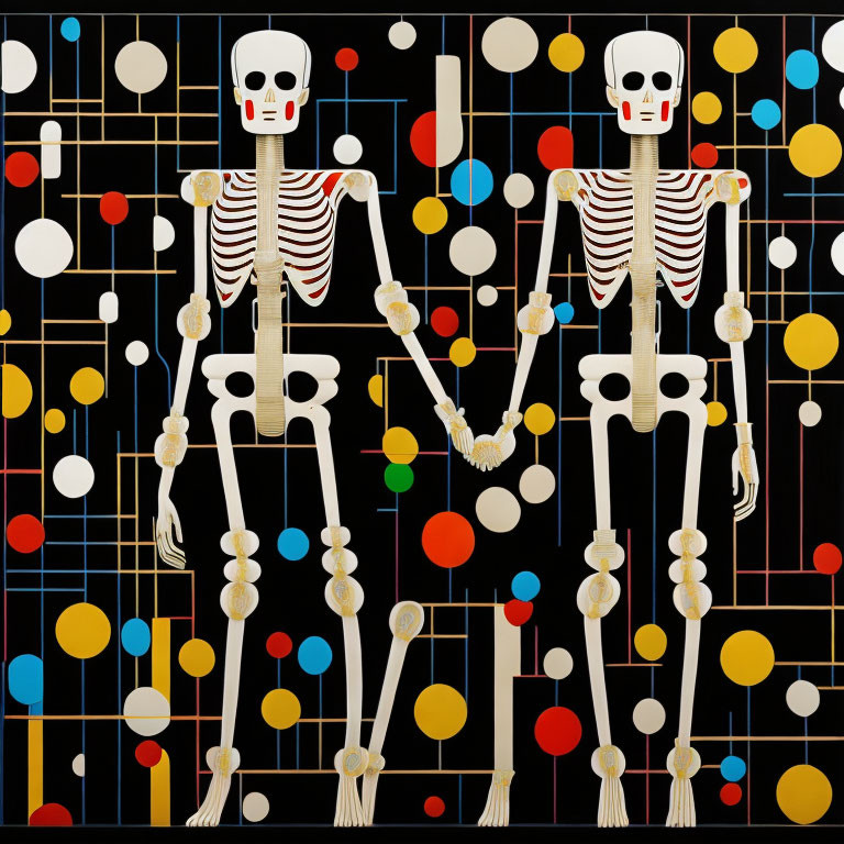 Stylized skeletons on geometric background with colorful circles and lines